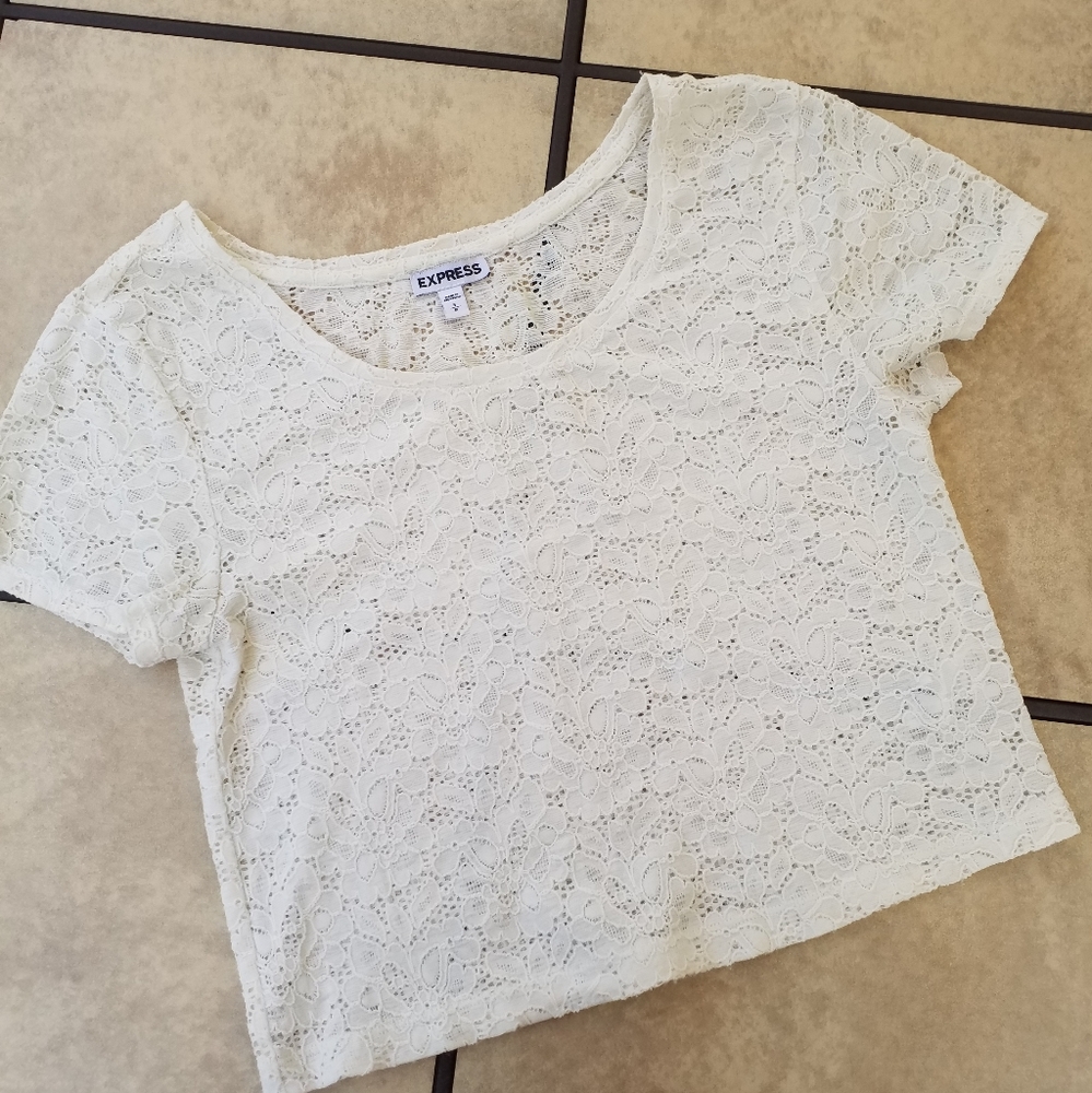 3/$25 EXPRESS Lace TOP S ivory short sleeve - Picture 5 of 8